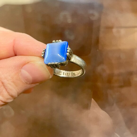 VTG Claire's Silver tone Art Deco Style Ring with Blue Stone Sz 7.5 - Picture 3 of 9